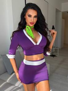 Fantasy Costume Conjunto de 5 piezas de lencería sexy para mujer: Blusa de seda de leche + Tanga + Mini falda + Bufanda + Cinturón - Morado - Ver 4