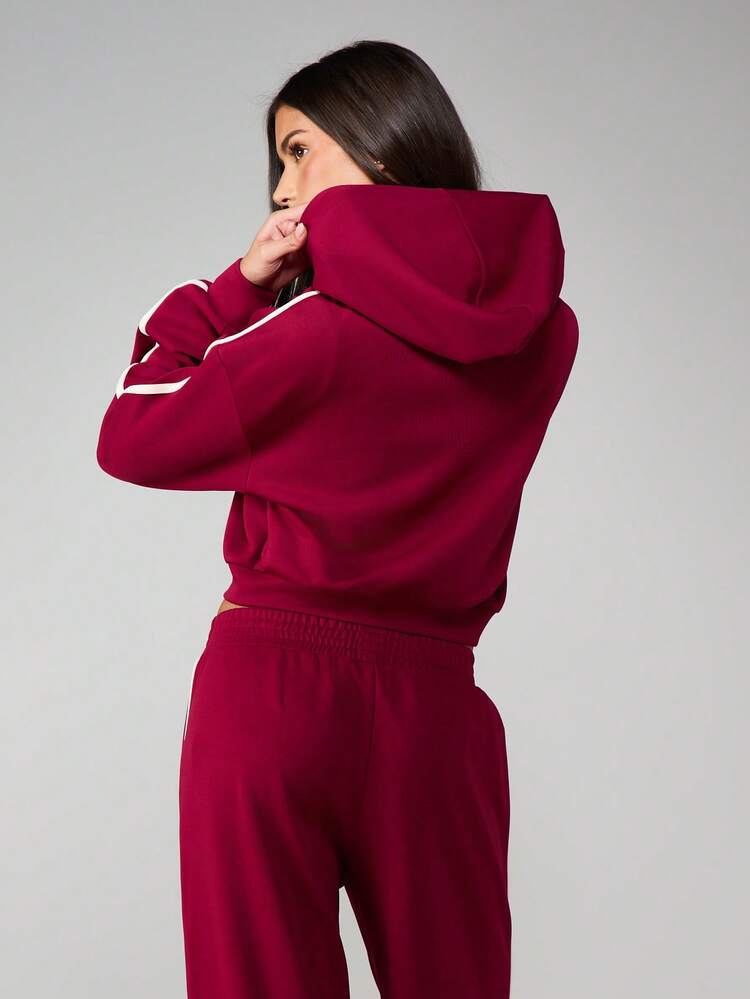 MISSGUIDED Burgundy Full Zip Hoodie With Contrasting White Stripe Details Long Sleeve Casual Sweatshirt Winter Fall Comfortable Lounge Wear