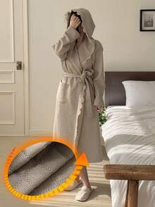 DAZY Women's Plaid Textured Fabric Lace Trim Hooded Loose Long Robe, Autumn/Winter - Khaki - View 4