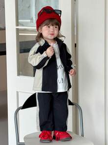 DAZY 2pcs Baby Girls Casual Color Block Patchwork Korean Style Jacket And Long Pants Set Toddler Girls Clothes - Black and White - View 7