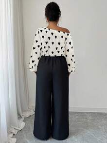 Elenzga Bộ jumpsuit nữ vai lệch tay dài ống rộng họa tiết tim phối patchwork, đen trắng, mùa thu, thanh lịch, thời trang cho khách mời đám cưới và hẹn hò Valentine - Nhiều màu - Xem 2