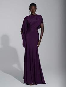 Elitara Elegant Luxurious Navy Blue Satin Ruffle Sleeve Sexy Slit Fishtail Bridesmaid Dress - Purple - View 2