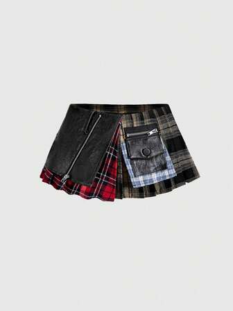 Grunge Punk تنورة نسائية غير متماثلة الحافة مع رقعات قماش مربعات