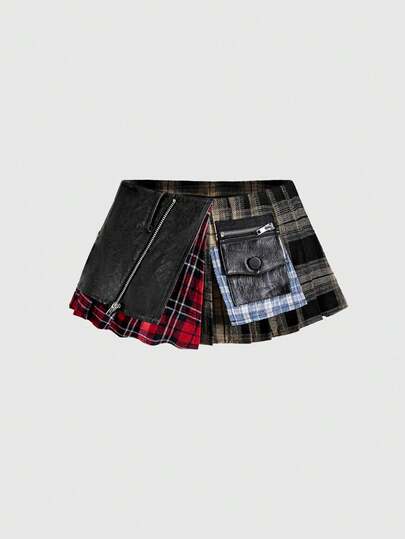 Grunge Punk Jupe asymétrique à carreaux et patchwork pour femmes