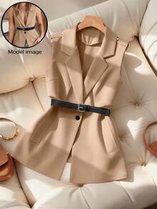 GlowEve CURVE Plus Size Women's Formal Sleeveless Fashion Business Blazer Jacket - Khaki - View 1