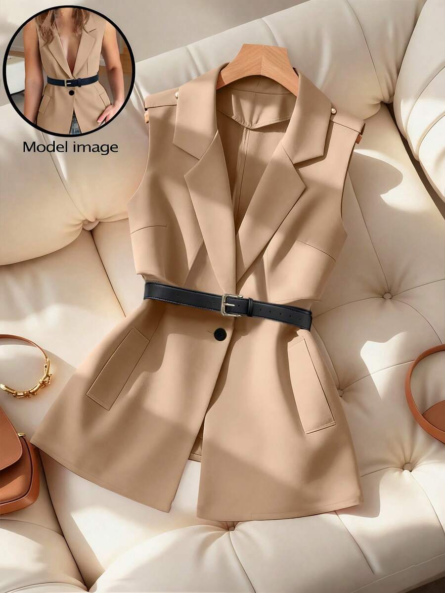 GlowEve CURVE Plus Size Women's Formal Sleeveless Fashion Business Blazer Jacket - Khaki - View 1