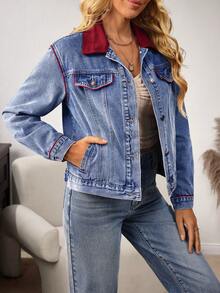 EMERY ROSE Áo khoác denim tay dài, cài nút đơn giản, ve áo màu tương phản, thời trang thu đông cho nữ - Màu xanh lam - Xem 5