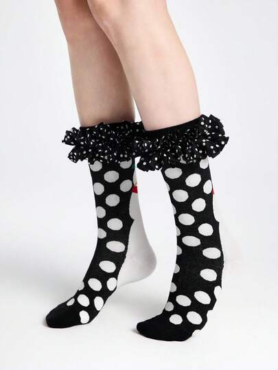 Kawaii Calcetines de tripulación lindos con estampado de lunares, empalme de malla y ribete de volantes para mujer