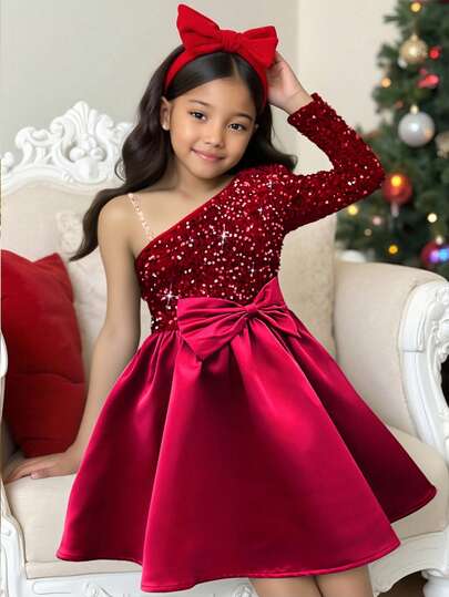 SHEIN SLAYR Tween Girl Tween Girls Elegant Luxurious Red Sequin & Satin Patchwork Asymmetric Bow Decor Long Sleeve Dress, Suitable For Christmas Party, Holiday Dress, Birthday Gift, Christmas, Princess Dress, Red