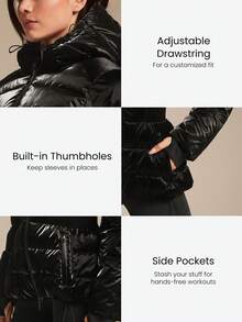 GLOWMODE VelvetShine Soft Lightweight Glossy Warm Water-Repellent Wide Elastic Waistband Adjustable Drawstring Hem Hood Down-Proof Slim-Fit Hooded Full-Zip Puffer Jacket Autumn Winter Outdoor Daily Casual - Black - View 7