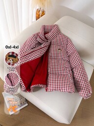 CosyJoli 플러스 사이즈 캐주얼 레드 격자 무늬 곰 슬로건 자수 스탠드 칼라 패딩 코트