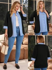 EMERY ROSE Plus Size Solid & Striped Patchwork Long Sleeve Shirt/Winter - Blue - View 1