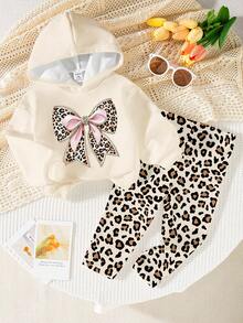 2件套女婴休闲时尚可爱豹纹蝴蝶结印花粉色连帽卫衣和豹纹打底裤套装，秋冬季婴幼儿服装 - 彩色 - 查看 1