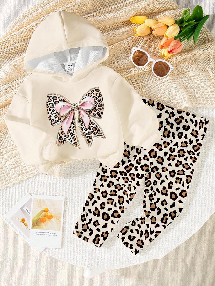 2件套女婴休闲时尚可爱豹纹蝴蝶结印花粉色连帽卫衣和豹纹打底裤套装，秋冬季婴幼儿服装 - 彩色 - 查看 1