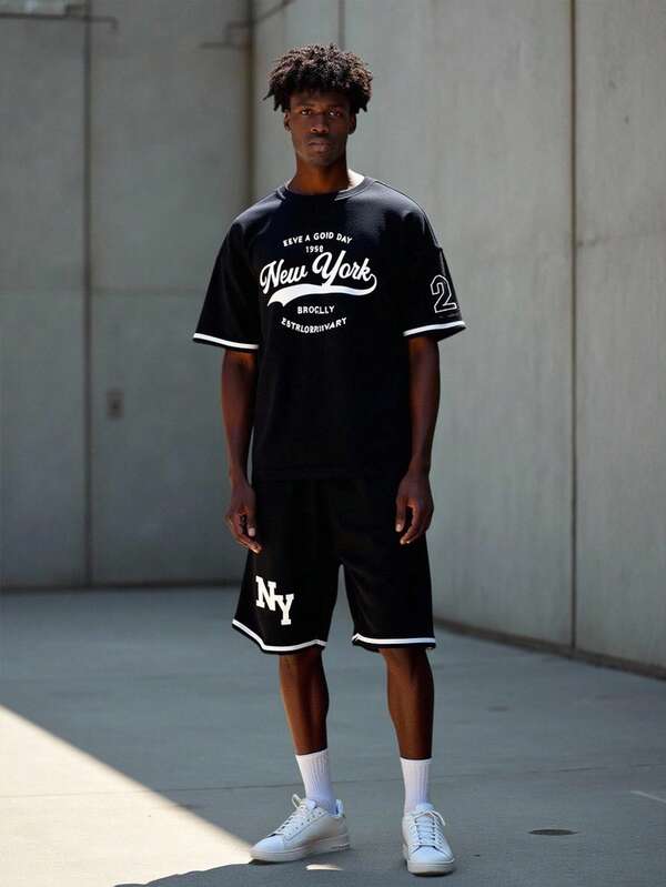 2pcs Teenager's Letter Print American Style Loose Casual Short Sleeve T-Shirt And Numeric Print Sports Shorts Set, Spring/Summer