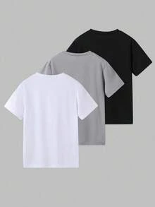 SHEIN Vacaura 3 件套青少年男孩圆领 T 恤，带贴花装饰，短袖上衣，春夏 - 黑與白 - 查看 2