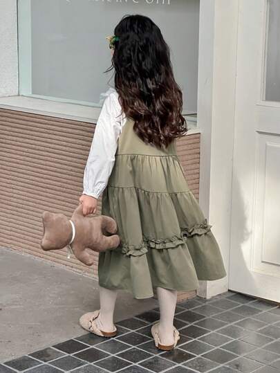 DAZY 女童纯色蛋糕褶边吊带连衣裙