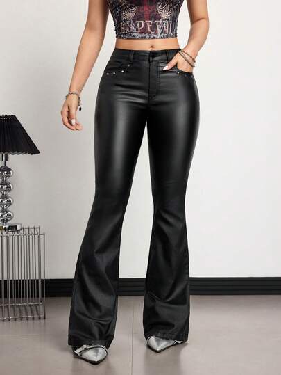 Jeanoix Dambyxor med nitmönster och låg midja i läder, trendiga, sexiga, smala leggings med utsvängda leggings