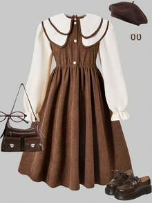 SHEIN Girls Pearl Button Decor Long Sleeve Peter Pan Collar Midi Pleated Dress, Cute Sweet Academic Style, Fashionable, Autumn/Winter - Brown - View 1