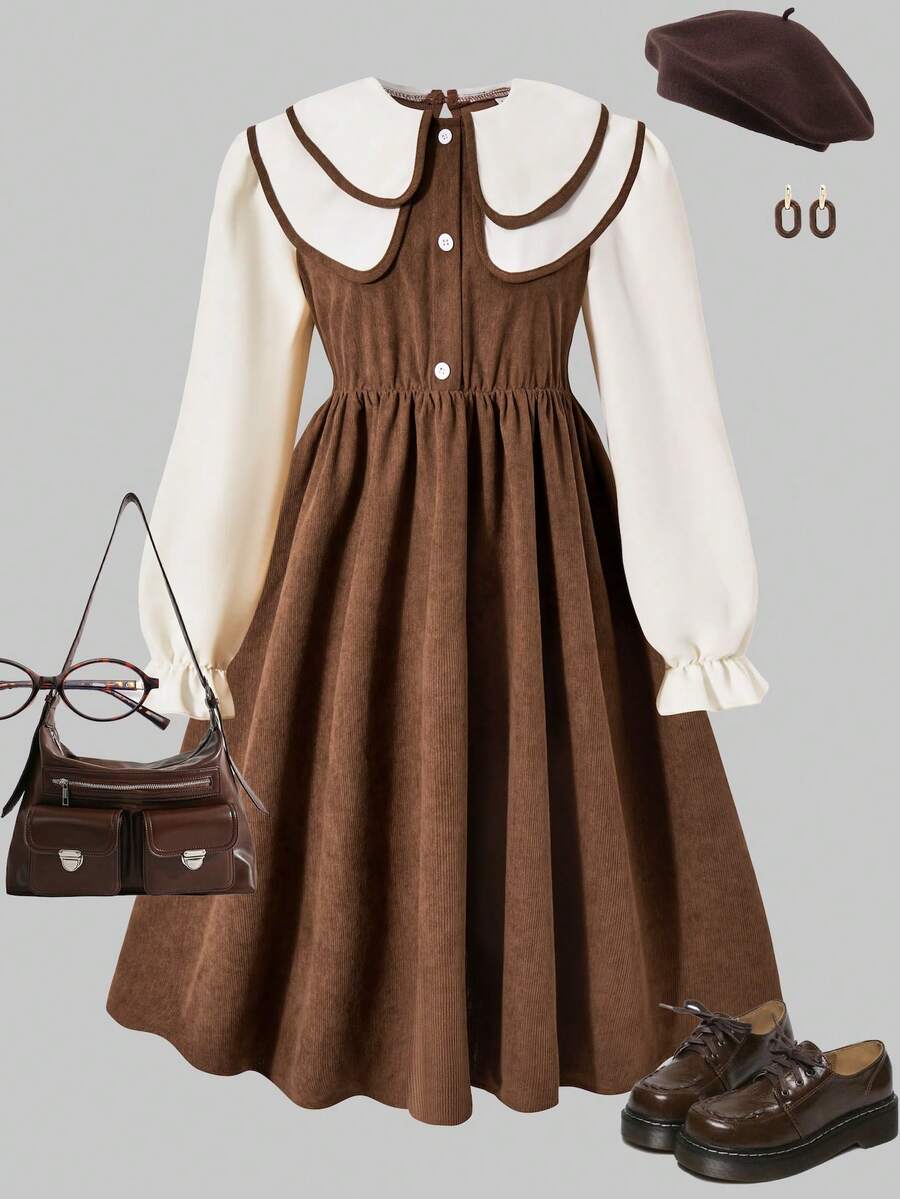 SHEIN Girls Pearl Button Decor Long Sleeve Peter Pan Collar Midi Pleated Dress, Cute Sweet Academic Style, Fashionable, Autumn/Winter - Brown - View 1