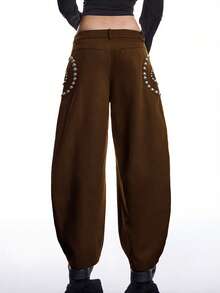 LYSMO Quần ống rộng rộng rãi đính hạt dày thời trang đường phố dành cho nữ đi làm hàng ngày - màu nâu - Xem 2