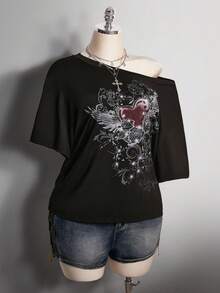 SHEIN ICON Plus Size Retro Y2K Punk Gothic Grunge Rock Heart Wings Rhinestone Asymmetrical Shoulder Loose Black T-Shirt,Sommar,Night Out Club - Black - View 9