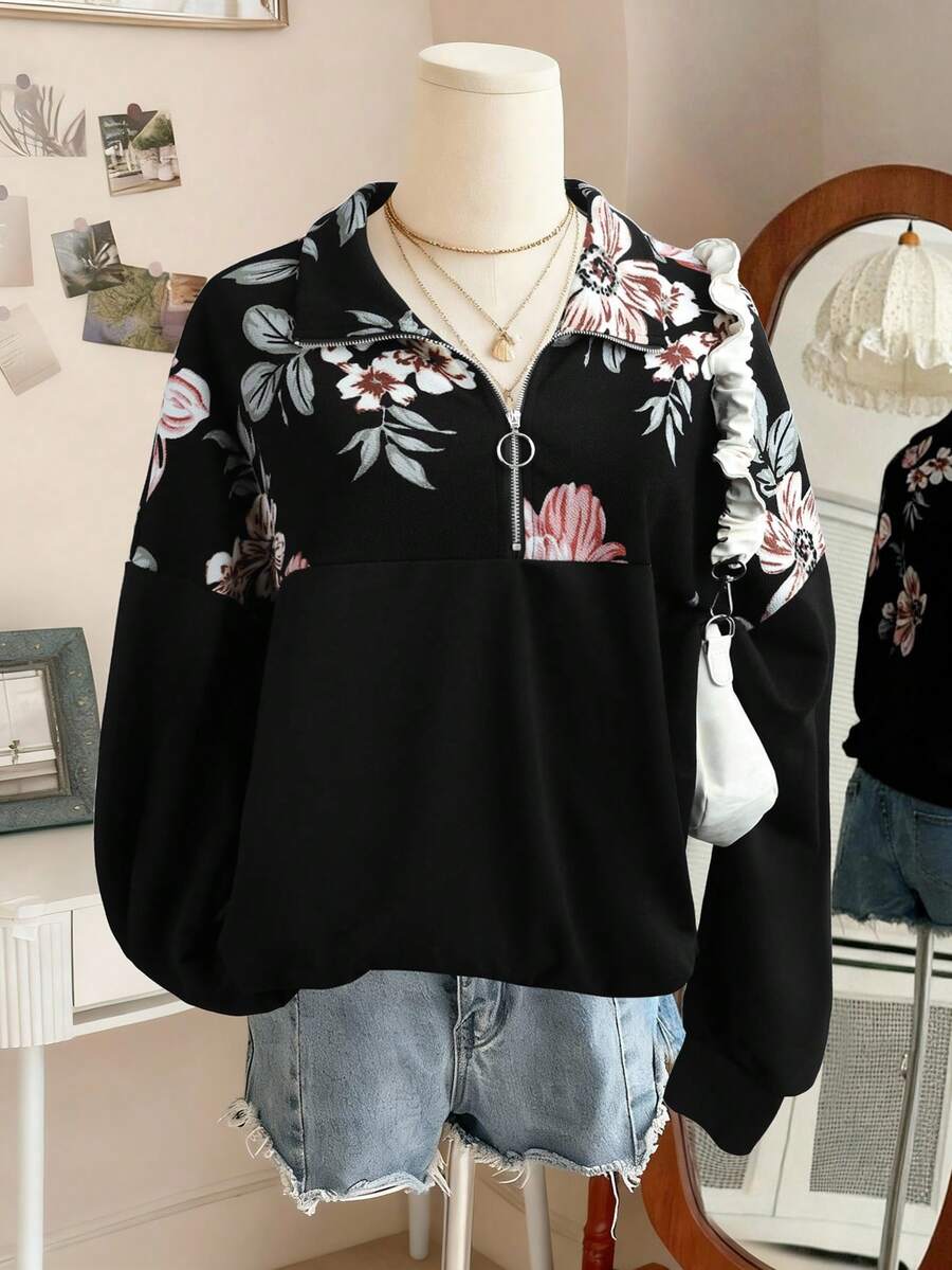 SHEIN Clasi Plus Size Women Thin Printed Patchwork Zip-Up Ribbed Cropped Sweatshirt - Multicolor - View 1