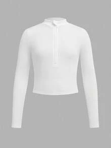 SHEIN Girlism 少女纯色白色米色黑色三件套休闲拉链高领罗纹长袖T恤套装，适合秋冬季节，日常休闲穿着，非常适合休闲、日常穿着和上学穿着。 - 彩色 - 查看 5