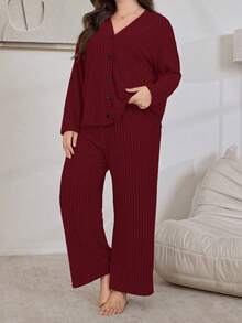 Lazeform Ribbed Soft Fleece Button-Up Loungewear Set Winter Clothes - Red - View 4