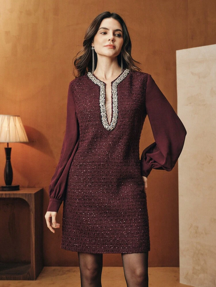 Vestido mini de fiesta con escote en V profundo y mangas largas con adornos de strass para mujeres