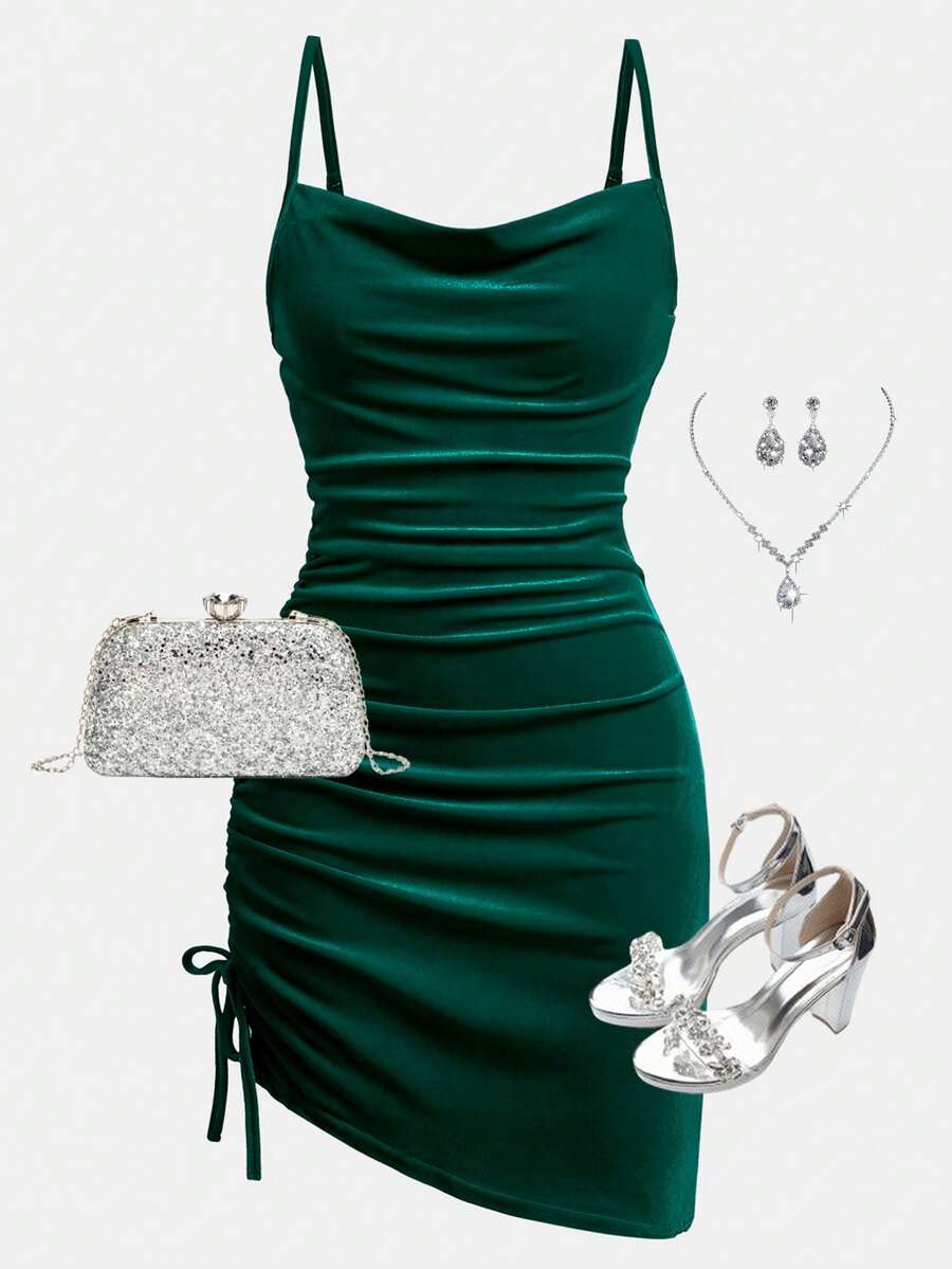 SHEIN Girlism 少女纯色天鹅绒圆领褶皱腰身紧身晚间节日鸡尾酒会连衣裙