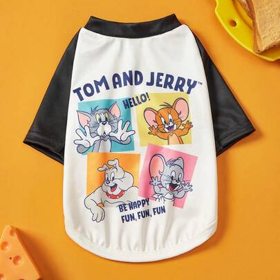 TOM & JERRY X PETSIN 1件趣味卡通可爱印花黑白拼接时尚猫狗通用弹力舒适狗狗T恤