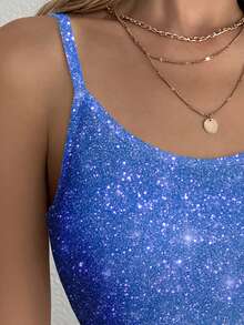 Glamance ORANGE STUDIO Women's Y2K Shiny Print Fitted Camisole Blue Sparkly Top Blue Crop Top Blue Top Women Glittery Top Blue Sequin Top - Multicolor - View 6