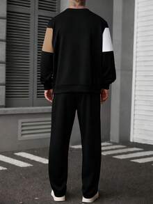 Manfinity Homme Men's Contrast Color Drop Shoulder Long Sleeve Loose Casual Pullover Sweatshirt Set Men's Two Pieces Set Tuxedo Men's Jogger Set Men Tracksuit Sets Men 2 Pieces Sweatsuit Hodddie Old Money,Daily Leisure, Weekend Trips, Outdoor Activities, Travel Expeditions, Relaxed Work Environments Or Semi-Formal Occasions, Boyfriend/Husband Gift, Anniversary /Birthday Gift Party Christmas New Years - Black - View 2