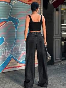 SHEIN Tall 低腰阔腿牛仔裤 - 深色水洗藍 - 查看 2