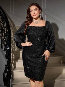 Gownix Váy bó tay đèn lồng bằng vải satin sequin cỡ lớn, váy dài tay cổ tròn, váy trễ vai cổ vuông có thể đảo ngược, váy đính hạt dự tiệc - màu đen - Xem 5