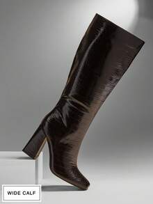 SHUZIA 女式迷人宽筒方头粗跟及膝靴，内有拉链 - 咖啡棕 - 查看 7