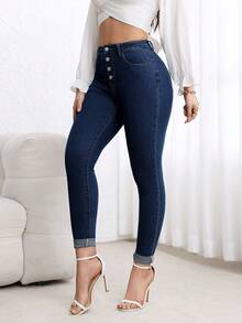 Elenzga Celana Jeans Denim Gaya Jalanan Kasual Wanita - Dark Wash - View 5