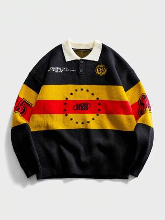 Men's Preppy Retro Football Style Knitted Sweater, Fashionable Streetwear