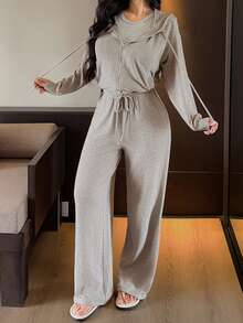 DAZY 三件套运动连帽外套、吊带背心和休闲长裤女士家居服套装 - 杏色 - 查看 5