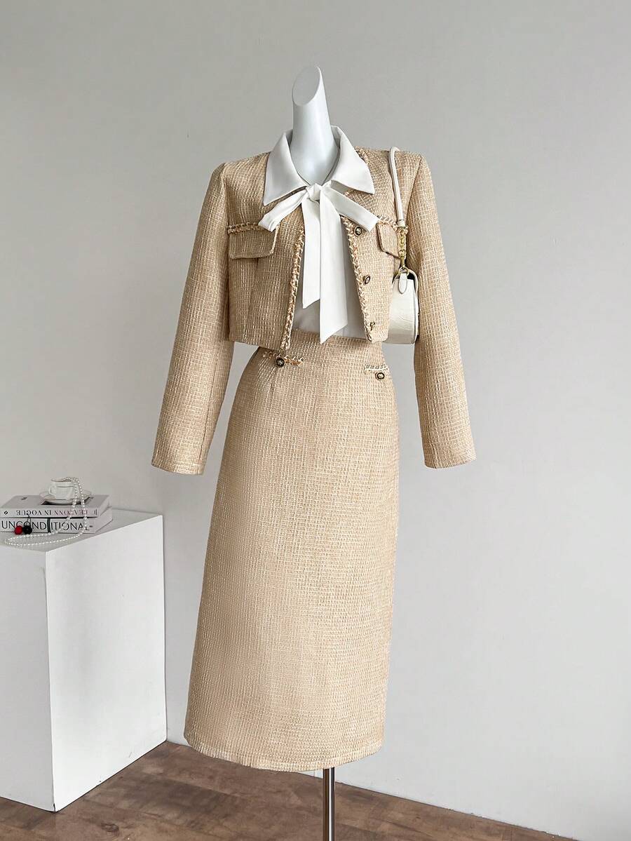 SHEIN Ladiora 两件套格子设计优雅女士外套和裙子套装，适合婚礼、约会和外出等场合。 - 淡黃色 - 查看 1