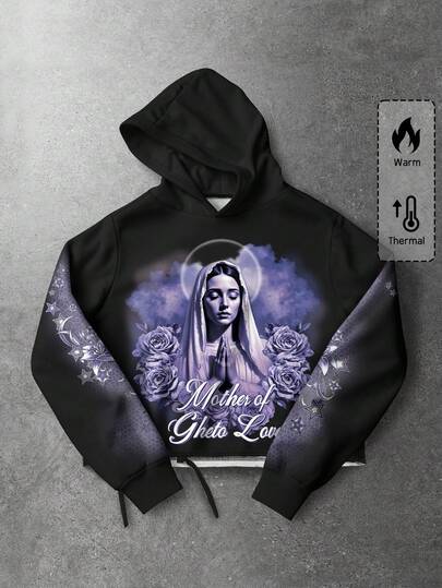 Street Life Sudadera con capucha con estampado gráfico de letras y retratos para hombres