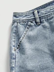 ROMWE Avant 女士Y2K迷你牛仔裙，带标语刺绣贴片 - 淺藍色 - 查看 4