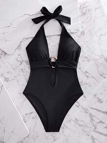 Swim SXY 女士纯色深V领性感连体金属装饰泳衣 - 黑色 - 查看 5