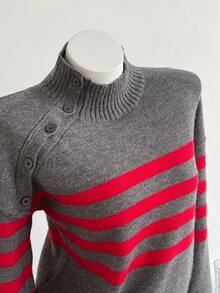 SHEIN Unity Pull ample à manches longues rayé, décontracté et polyvalent pour femmes - Gris foncé - Voir 5