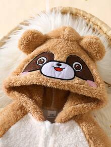 SHEIN Newborn Baby Cute Cartoon Romper, Infant Winter Jumpsuit Playsuit, Stylish Hooded Cotton Outerwear - Khaki - View 7