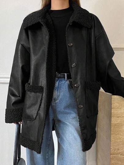 DAZY Women's Turndown Collar Big Pocket Faux Fur Lined Regular Jacket, Autumn/Winter Leather Jacket Women Coats