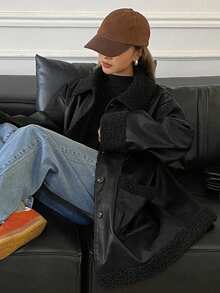 DAZY 女士翻领大口袋人造毛皮内衬常规款夹克，秋冬季女士皮夹克外套 - 黑色 - 查看 4