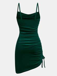 SHEIN Girlism 少女纯色天鹅绒圆领褶皱腰身紧身晚间节日鸡尾酒会连衣裙