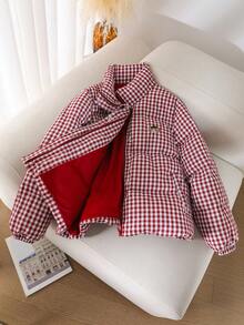 CosyJoli Plus Size Casual Red Plaid Bear Slogan Embroidered Stand Collar Padded Coat Checkered Puffer Jacket Gingham Puffer Coat Red Plaid Jacket Red Gingham Jacket Red Puffer Jacket Winter Jacket Red Checkered Jacket Plaid Puffer Jacket